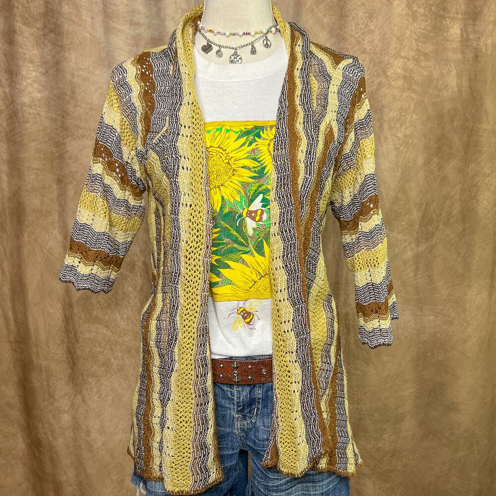 Vintage Crochet Cardigan Sweater Striped Open Knit Half Sleeve Earthy Boho Y2K